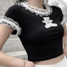 Cute Black Crop T-Shirts with Bear Print and Lace Around Sleeves and Collar