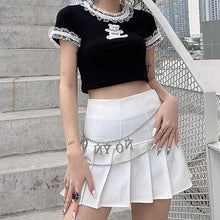 Cute Black Crop T-Shirts with Bear Print and Lace Around Sleeves and Collar