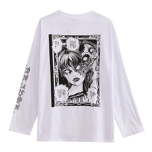Long White T-shirt with Long Sleeves and Aesthetic Horror Graphic