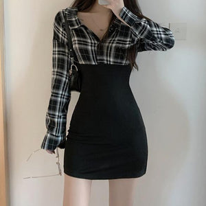 Korean Style Plaid A-Line Bodycon Shirt Dress