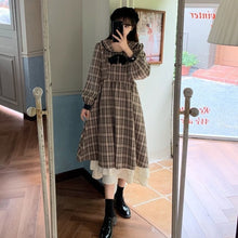 Long Mori Girl Style Plaid Vintage Dress with Ruched Puff Sleeves in Brown Plaid