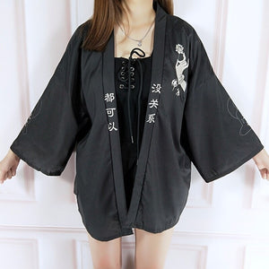 Summer Japanese Vintage  Black Kimono Harajuku