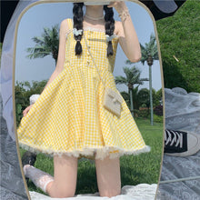 Summer Kawaii Lolita Strap Dress Mini Dresses Yellow Plaid Fairy