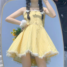 Summer Kawaii Lolita Strap Dress Mini Dresses Yellow Plaid Fairy