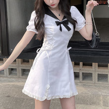 Summer Mini Dress in White with Black Collar and Bow