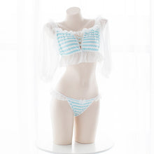 2Pcs Cute & Sexy Chiffon Striped Puff sleeve Lingerie Set PINK & BLUE - Kawainess