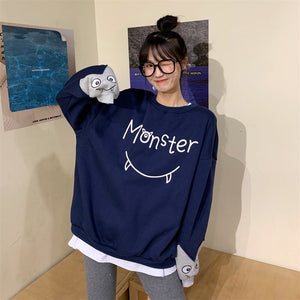 Oversized Women Sweatshirt Monster Letters Eyes Print